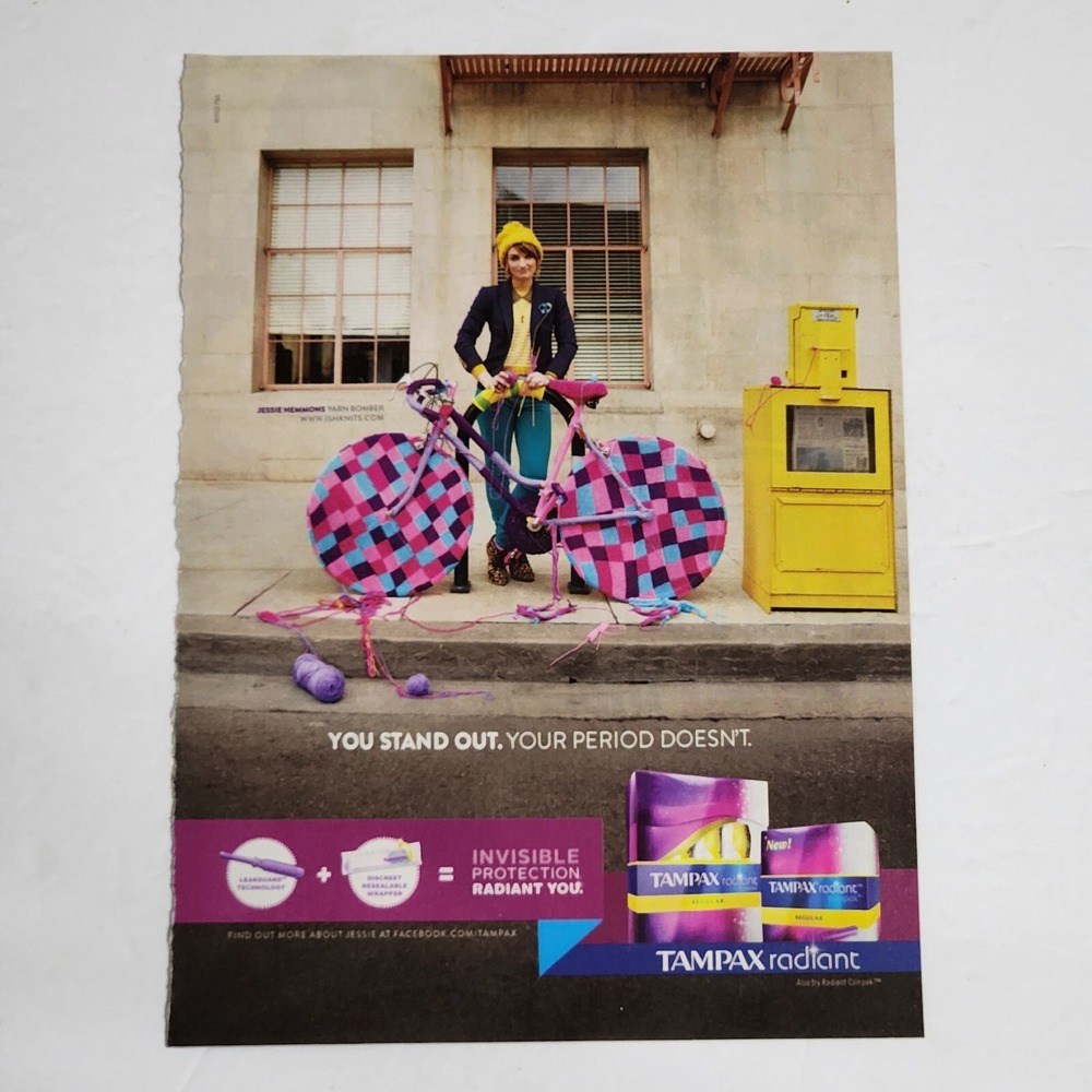 2012 Tampax Radiant Print Ad Jessie Hemmons Yarn Bomber Magazine Clipping 8x11